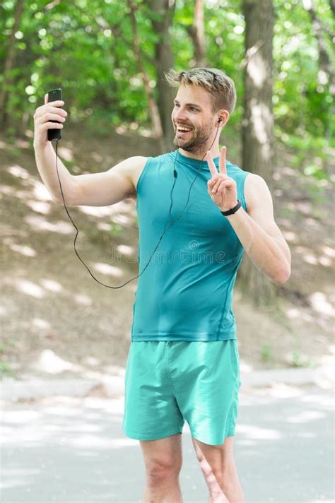Healthy Life Athletic Man In Sportswear Make Selfie Outdoor Workout