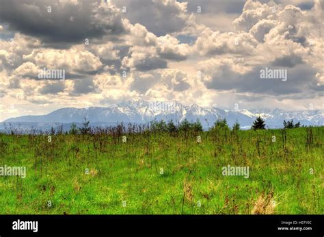 Spring Mountain Landscape Green Meadow With High Mountain Peaks And