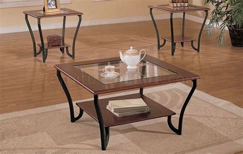 Cherry Brown Artistic 3pc Coffee Table Set Wglass Inlay Top