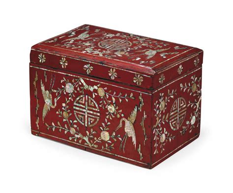 A Red Lacquered Wood Accessory Box Inlaid With Mother Of Pearl Joseon