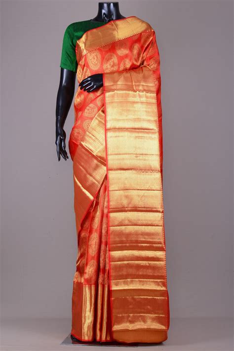 Red And Gold Dual Tone Kanchipuram Silk Zari Woven Saree Vi2482 Saree