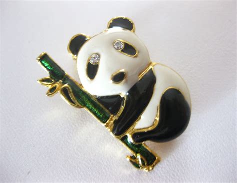 Panda Bear Pin Brooch Enamel Rhinestone Eyes Vintage