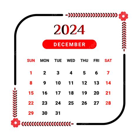Calendario Del Mes De Diciembre De 2024 Con Diseño Floral Negro Y Rojo Vector Png Calendario