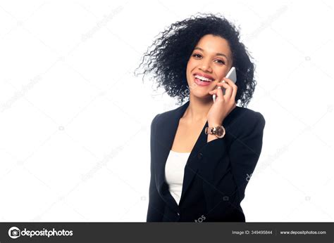 Successful African American Businesswoman Talking Smartphone Smiling Looking Camera Isolated