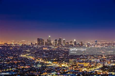 Los Angeles Skyline By Night California Usa High Res Stock