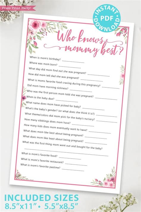 Who Knows Mommy Best Baby Shower Game Printable With Pink Flowers