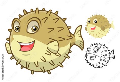 High Quality Puffer Fish Cartoon Character Include Flat Design And Line