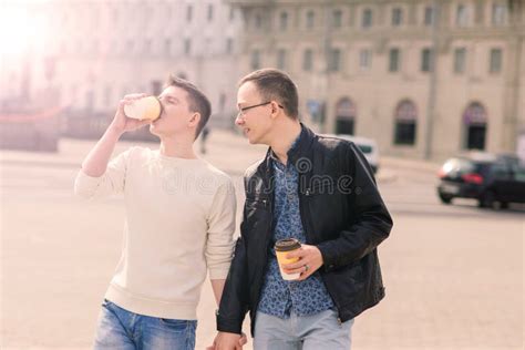 Cute Gay Couple In The City Tender Gentle Kissing Smiling Stock Image