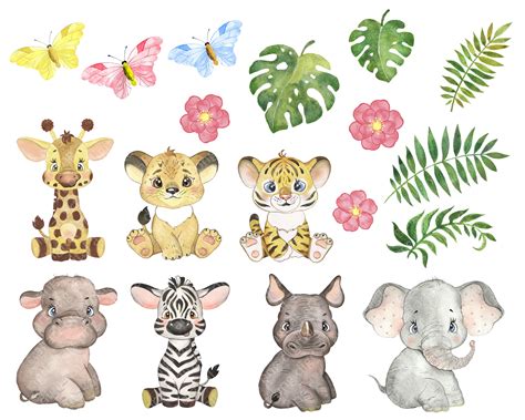 Safari Baby Animals Digital Watercolor Clipart Nursery Prints By B72