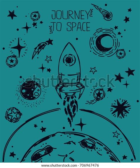 Poster Journey Space Sketch Stars Rocket Stock Vector Royalty Free