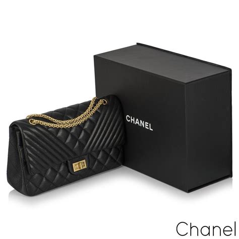 Chanel Black Caviar Jumbo Chevron Quilted 255 Reissue Double Flap Bag