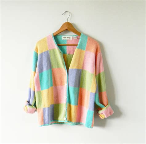 Vintage Rainbow Colorblock Cardigan Slouchy Colorful Knit Sweater