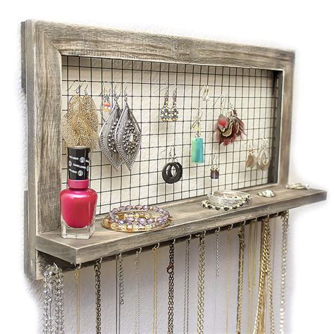 Rustic Brown Jewelry Organizer Wooden Wall Mounted Holder For Earrings