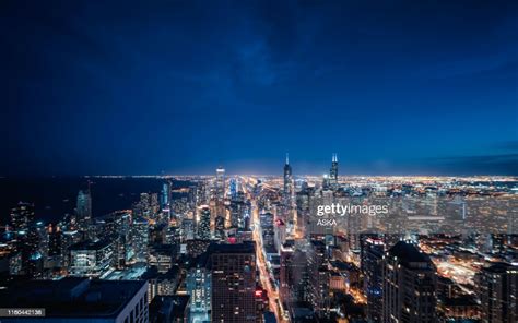 Aerial View Of Chicago Cityscape Skyline At Night High Res Stock Photo
