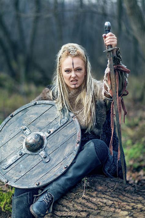 Blonde Viking Warrior Woman In Forest With Shield And Sword In Hand Photograph By Dan Rentea