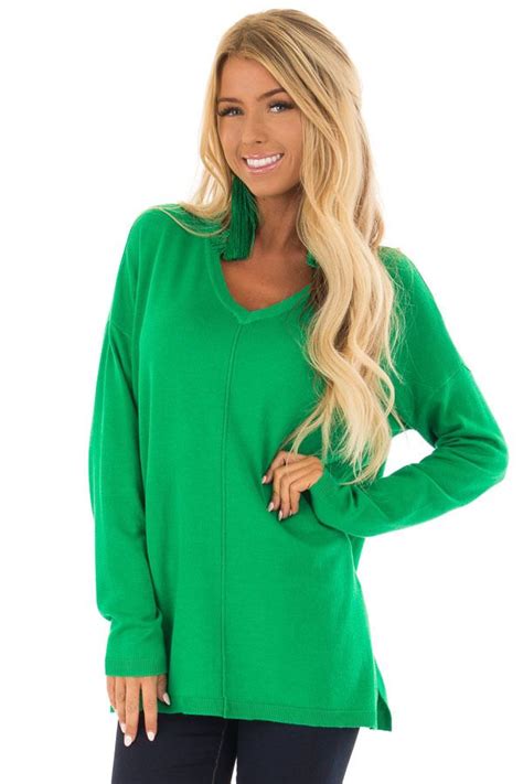 Kelly Green V Neck Long Sleeve Sweater Sweaters For Women Clothes
