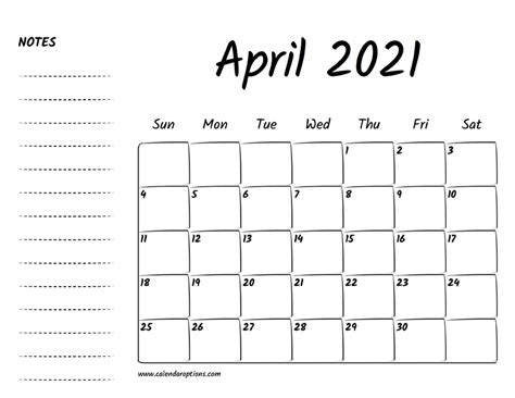 2021 Calendar Printable April Page