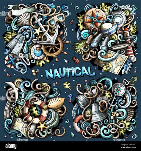 Nautical Cartoon Vector Doodle Designs Set Colorful Detailed