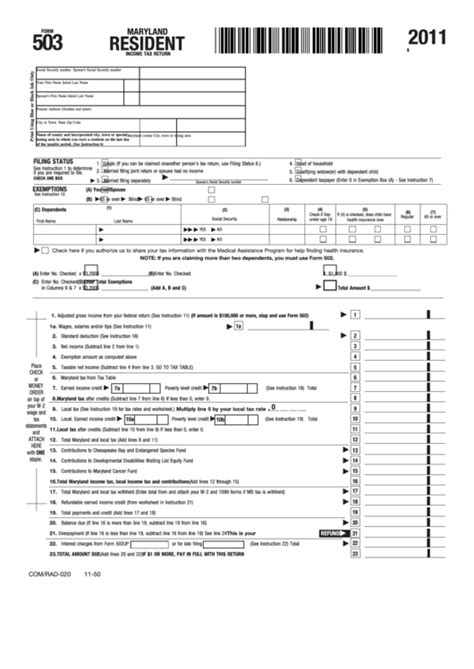 Fillable Form 503 Maryland Resident Income Tax Return 2011 Printable Pdf Download