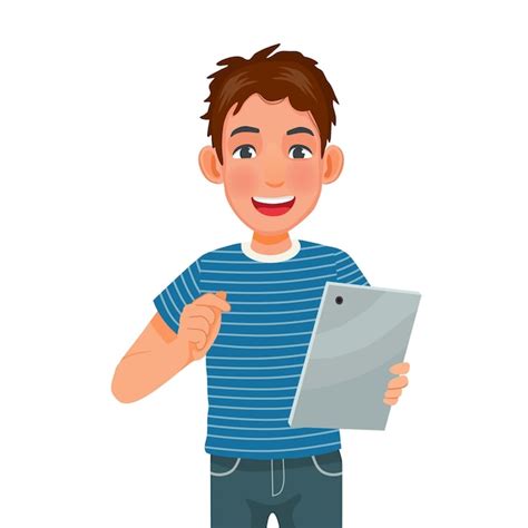 Premium Vector Young Man Holding And Using A Digital Smart Tablet