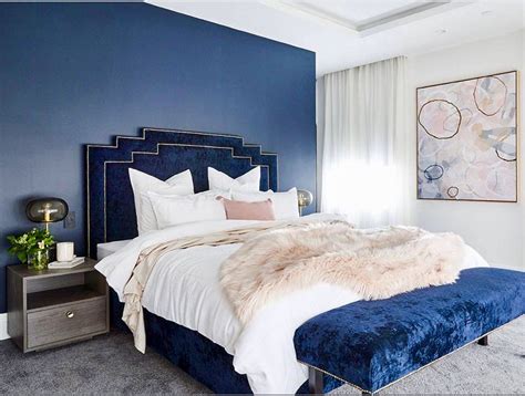 Transitional Blue Bedroom With Blue Velvet Bed Blue Decor Gorgeous