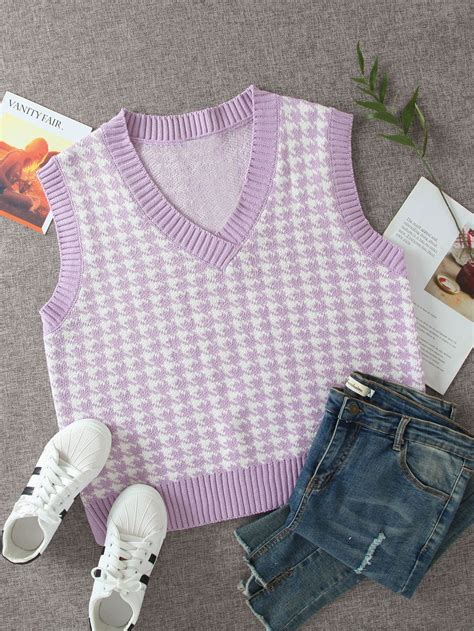 V Neck Houndstooth Pattern Sweater Vest Shein Usa Cute Outfits