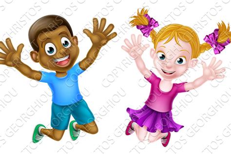 Happy Cartoon Black Kids Jumping Pre Designed Illustrator Graphics