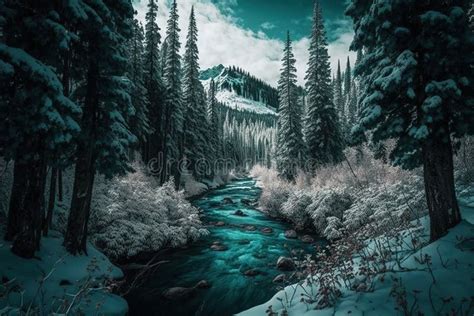 A Turquoise River Running Through A Wintery Mountain Forest And Trees