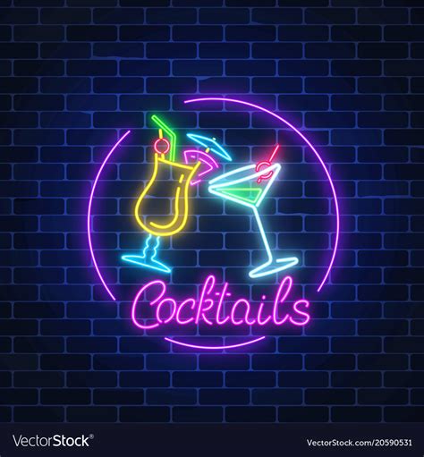 Neon Cocktails Bar Sign In Circle Frame Royalty Free Vector