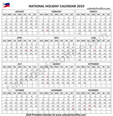 2019 Calendar Philippines Holidays National Holiday Calendar