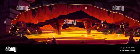 Cartoon Volcano Cave With Lava Flow Inside Vector Cartoon Illustration