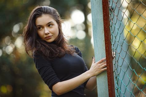 Women Model Brunette Valeria Kovalenko Looking Away Black Top Fence X Wallpaper