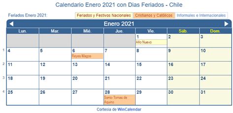 Calendario Enero 2021 Para Imprimir Chile
