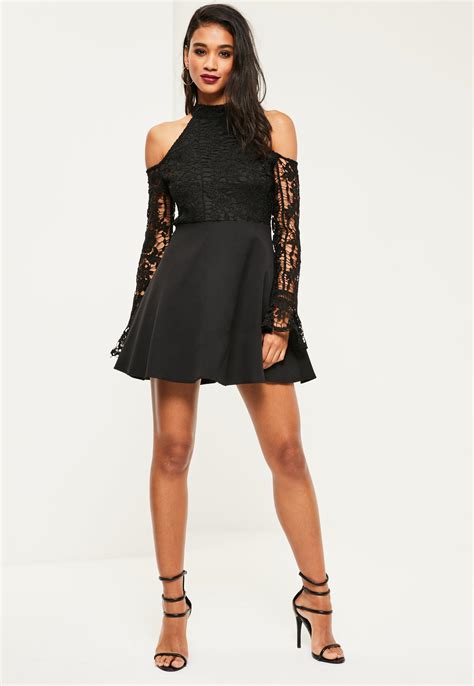 Missguided Black Lace High Neck Cold Shoulder Skater Dress Lyst