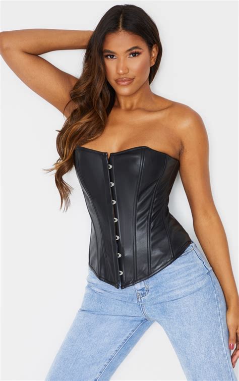 Black Pu Lace Up Corset Tops Prettylittlething