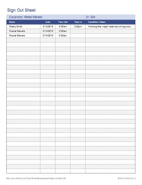 Equipment Sign Out Sheet Tool Check Out Form
