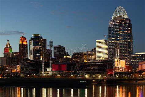 Cincinnati Skyline At Night With Reflections Stock Photo Image Of