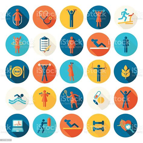 Fitness Sport Vector Flat Icons Set With Shadows Stock Illustration