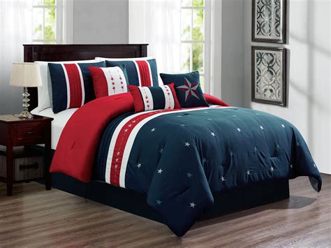7 Pc Western Star Stripe Lines Embroidery Pleated Comforter Set Red