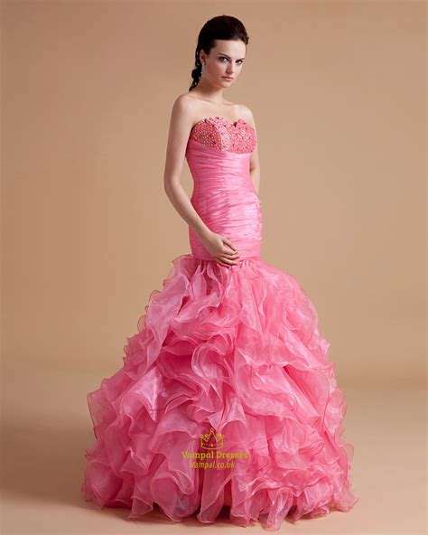 Pink Beading Ruffle Ball Gown Prom Dress With Strapless Sweetheart Vampal Dresses