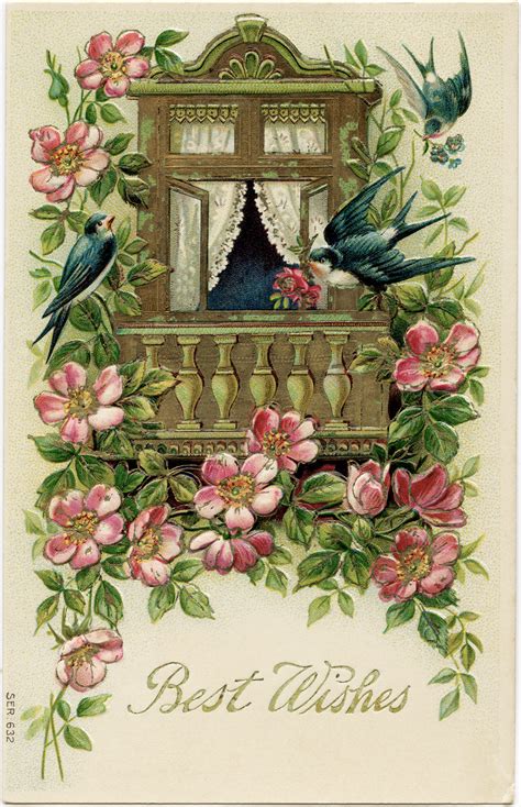 Birds And Flowers Postcard ~ Free Vintage Image The Old Design Shop