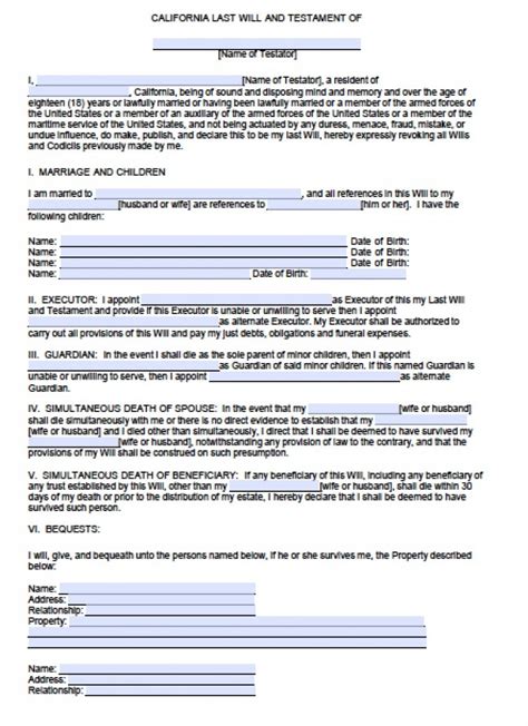 Printable last will and testament form. Download California Last Will and Testament Form | PDF ...
