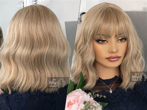 ashy blonde wavy wig with bangs her wig closet alicia etsy