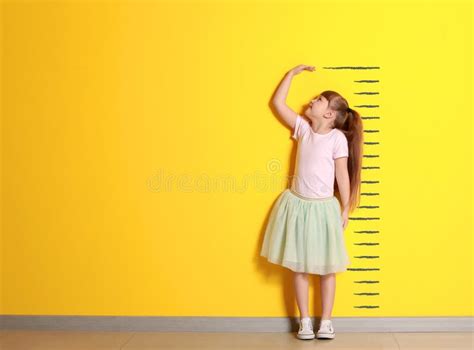 Cute Little Girl Measuring Height Near Color Wall Stock Photo Image