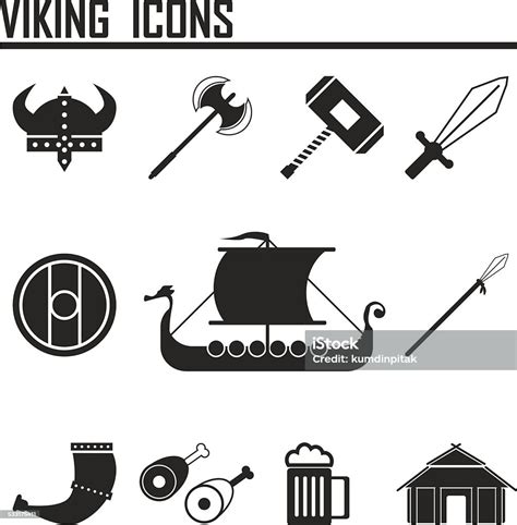 Vikings And Scandinavian Items The Food Weapons Flat Icon Set Stok