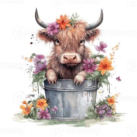 Cute Happy Color Baby Highland Cow With Flowers On The Head Sitting In