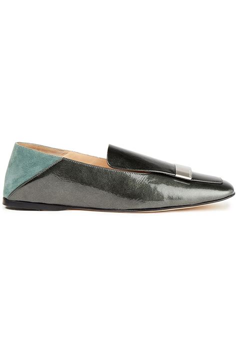 Sergio Rossi Sr1 Embellished Cracked Patent Leather And Suede Collapsible Heel Loafers Sale Up
