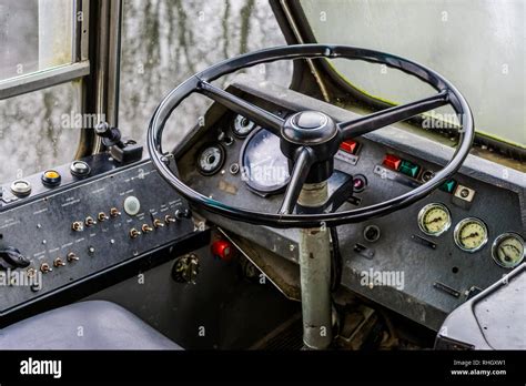 Very Old Vintage Interior Of A Old Timer School Bus Dashboard With