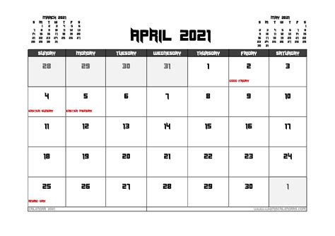 April 2021 Calendar Australia Printable