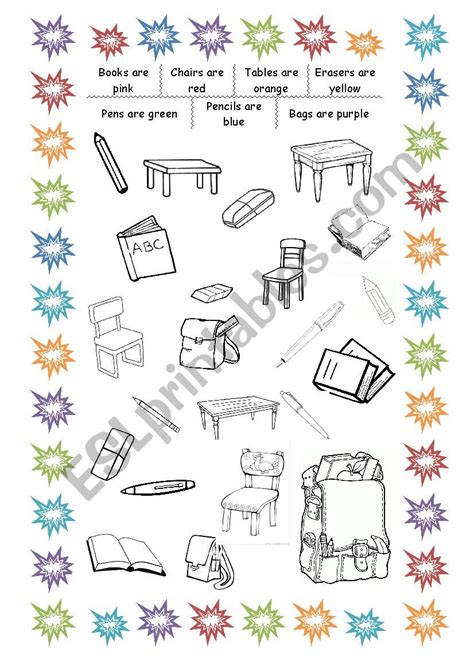 School Objects And Colours Esl Worksheet By Sempermia